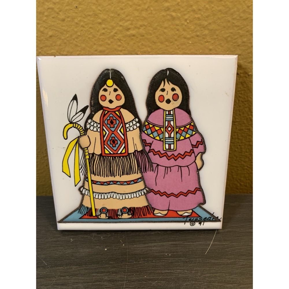Native American Tile Cleo Teissedre Signed STORYTELLER Art South West 1991 Art